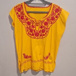 Hand Embroidered Mexican Vibrant Yellow And Pink Blouse